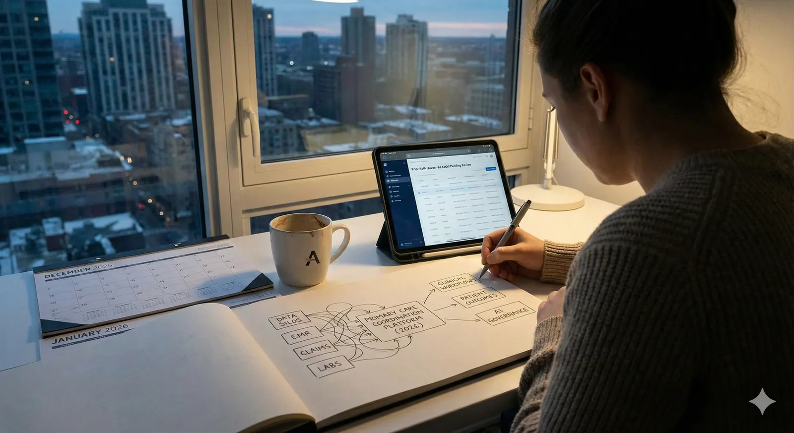Illustration of a person at a desk sketching how data silos, EMR, claims, and labs feed into a primary care coordination platform